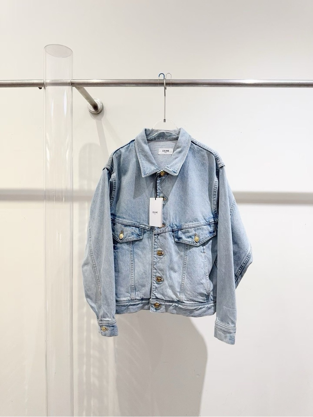 Celine blue denim jacket with gold logo button